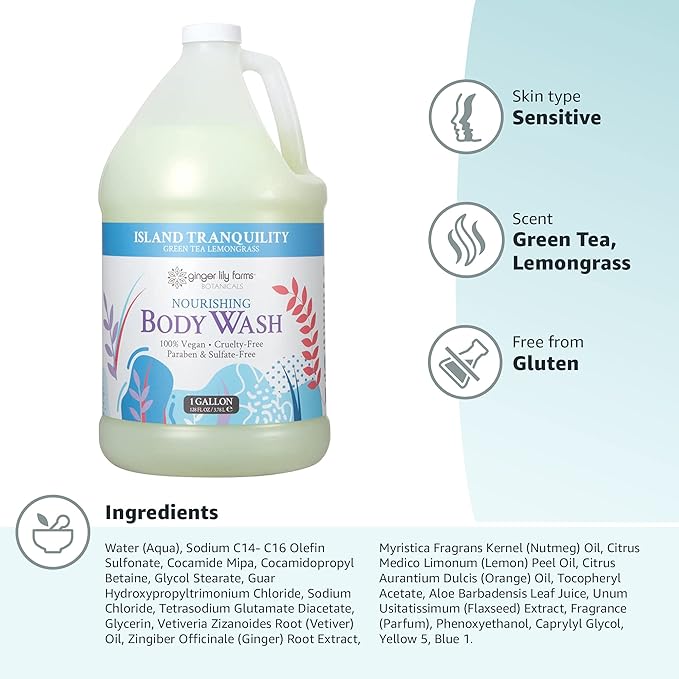 Ginger Lily Farms Botanicals Nourishing Body Wash, Island Tranquility, 100% Vegan & Cruelty-Free, Green Tea & Lemongrass Scent, 1 Gallon Refill (128 fl. oz.) (Pack of 2)