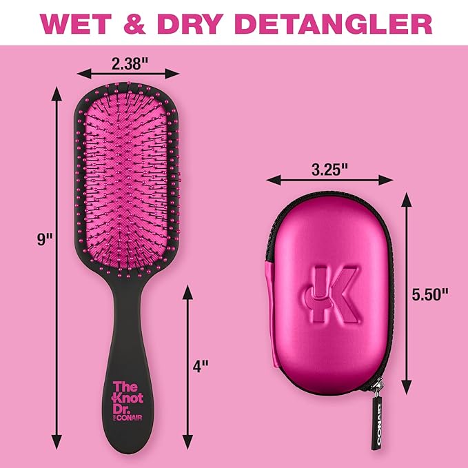 The Knot Dr. hair brush by Conair - Detangling hair brush - Removes Knots and Tangles in wet or dry hair- Black Neon w/Travel Case - Pink