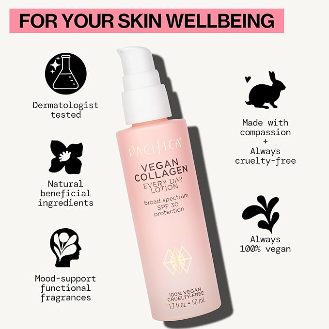 Pacifica Face Moisturizer - Vegan Collagen Face Lotion SPF 30 Broad Spectrum Sunscreen Every Day Face Lotion, UVA/UVB Protection for All Skin Types, Lightweight, Hydrating, Cruelty Free