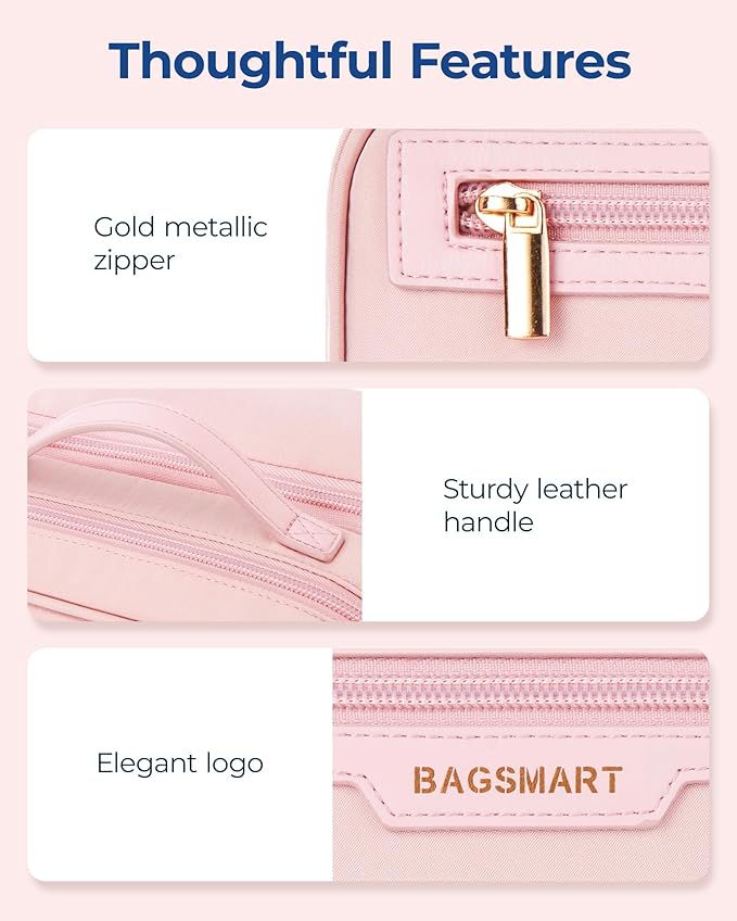 BAGSMART Travel Makeup Bag Large Capacity Cosmetic Bag, Wide-open Portable Make Up Bag Organizer for Women for Travel Essentials Toiletries Accessories Bottles, Brushes, Pink