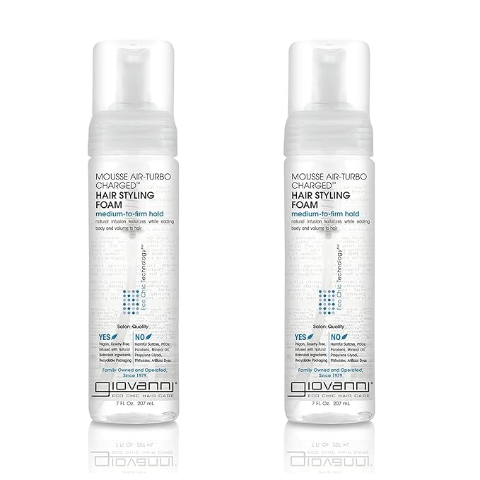 GIOVANNI Mousse Air-Turbo Charged, Hair Styling Foam - Lightweight for Natural Curls, Medium to Firm Hold, Add Texture & Shine, Curly Hair Products, No Parabens, Color Safe - 7 Fl Oz (Pack of 2)