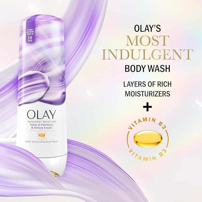Olay Body Wash for Women, Indulgent Moisture, 24hr Moisturizing & Nourishing Formula, Infused with Vitamin B3 Complex, Luxurious Fragrances, Elderberry & Almond Cream Scent, 20 fl oz