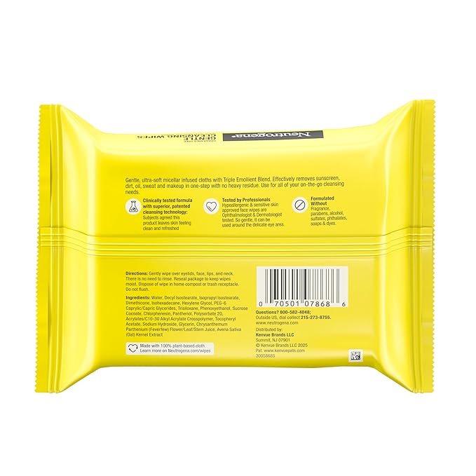 Neutrogena Gentle Facial Cleansing Wipes, Ultra-Soft Micellar Cleansing Wipes for Effortless Cleansing Made Gentle, Fragrance Free Face Wipes for Sensitive Skin, Hypoallergenic, 25 ct