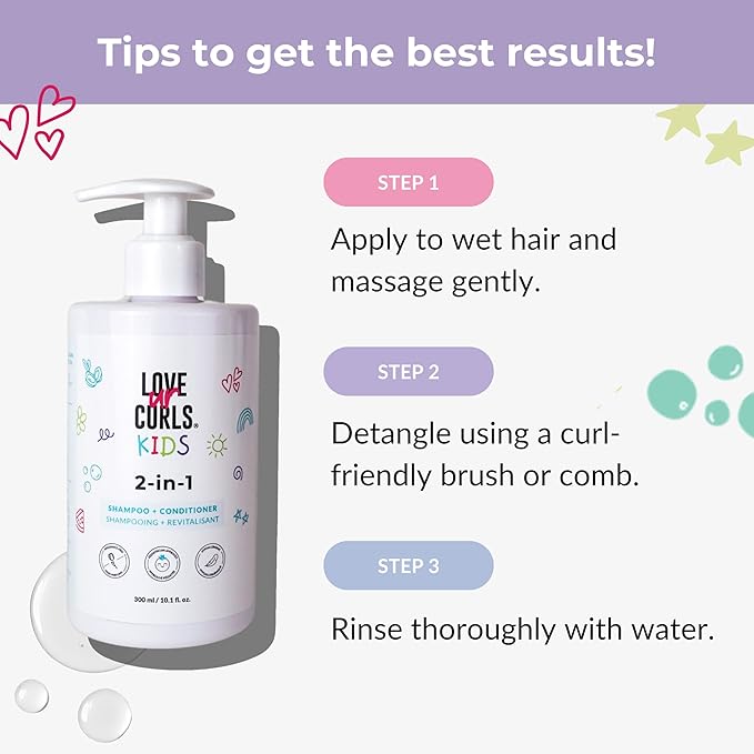 Love Ur Curls Kids - LUCK 2 in 1 Shampoo and Conditioner, Fragrance Free, Pediatrician Approved, Gentle Tear Free Unscented Formula, Easy to Detangle Curls, Sulfate and Paraben Free, 300 mL