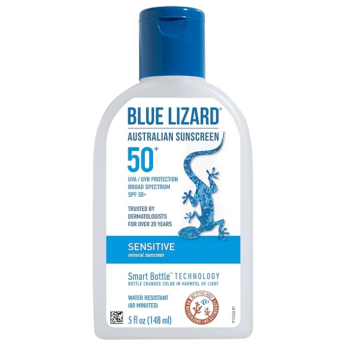 BLUE LIZARD Sensitive Mineral Sunscreen with Zinc Oxide, SPF 50+, Water Resistant, UVA/UVB Protection with Smart Bottle Technology - Fragrance Free, 5 oz