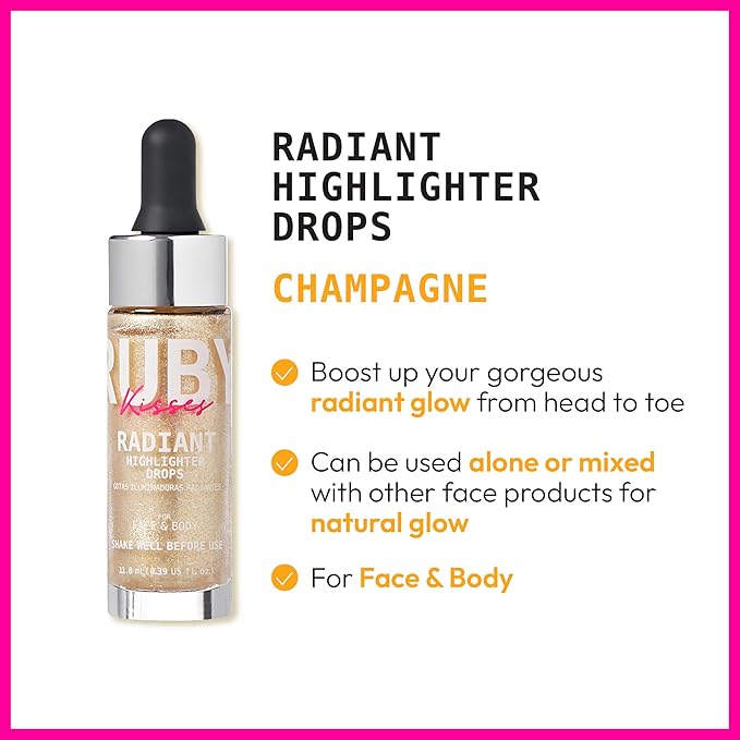 Ruby Kisses Radiant Drops, Shimmer Liquid Highlighter Makeup, Skin (CHAMPANGE)