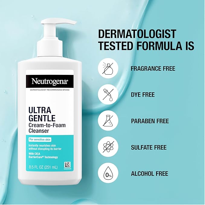 Neutrogena Ultra Gentle Cream-to-Foam Facial Cleanser, Transforms from a Creamy Cleanser to a Foaming Face Wash for Sensitive Skin, Fragrance-Free, Hypoallergenic, Non-Comedogenic, 12 oz