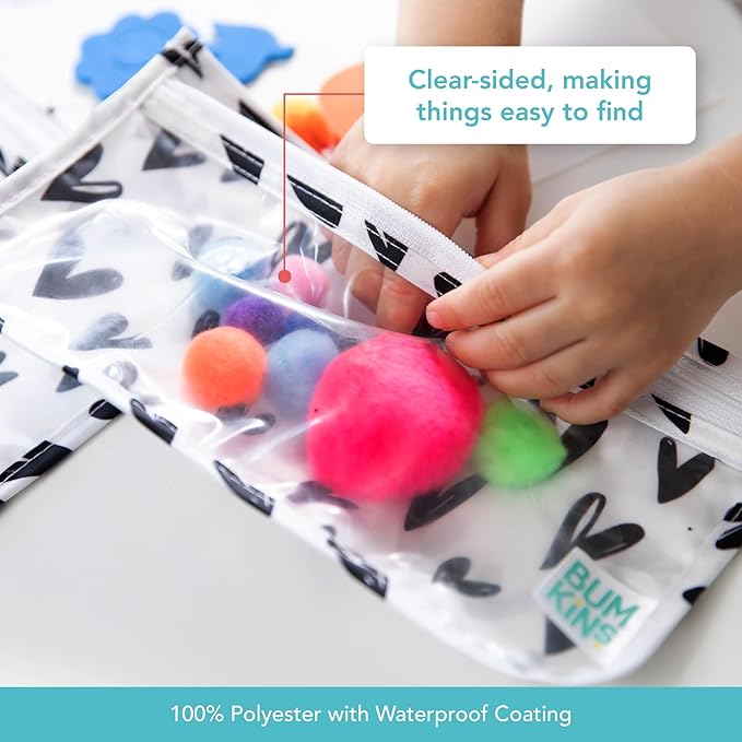 Bumkins Travel Bag, Toiletry, TSA Approved Pouch, Zip Bag, Quart Size Airline Compliant, Clear-Sided, Baby, Diaper Bag Organization, Makeup, Accessories, Packing, Set of 3 Sizes, Black Hearts