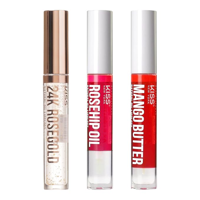 3 PACK Lip Oil Gloss, Hydrating Non-Sticky Lip Oil, 100% Natural Oil Clear Lip Gloss, Lightweight Lip Moisturizer (Rosegold & Rosehip & Mango Butter)