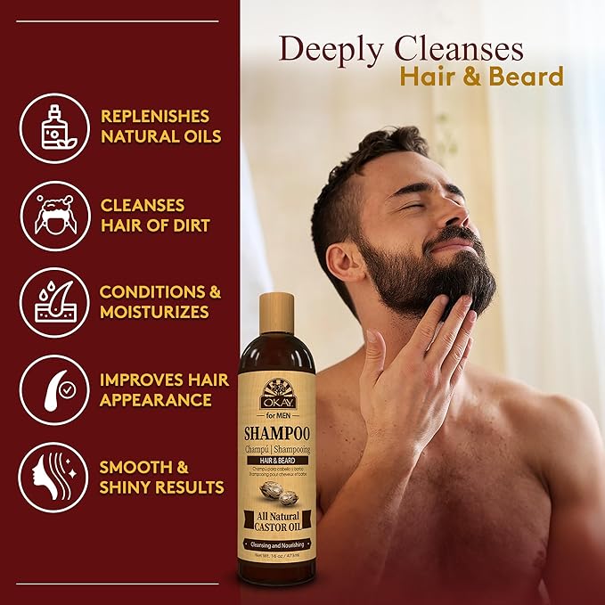Okay for MEN Castor Oil Hair & Beard Shampoo - Hydrating Shampoo for Healthy Hair & Beard Growth, Moisturizing Care, Strengthen & Restore Damage, Natural, Sulfate-Free - 16 Oz