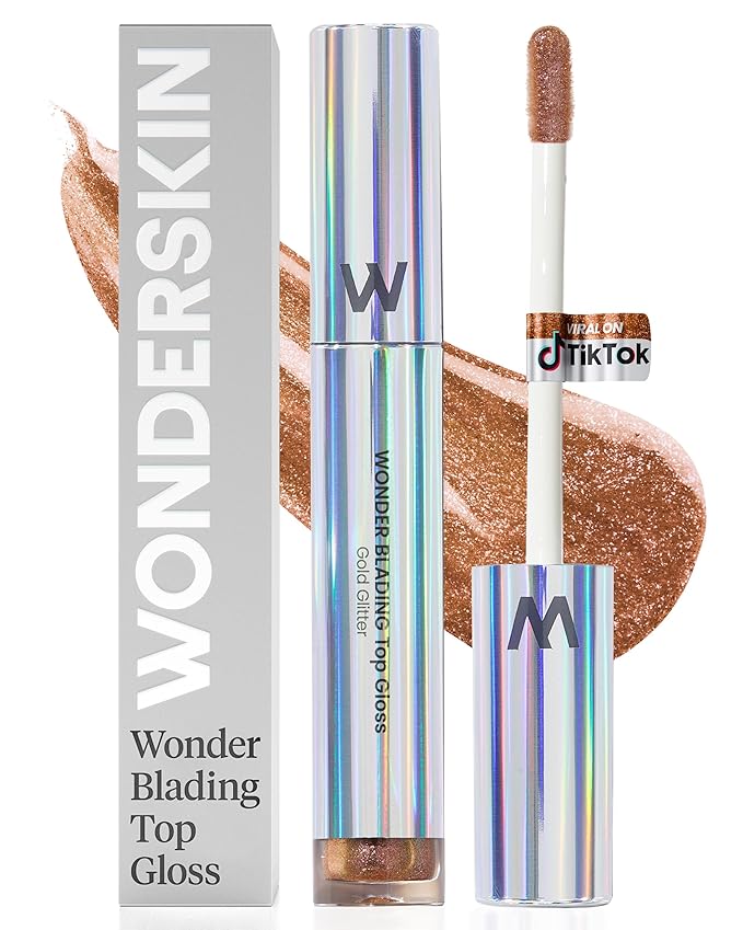 Wonderskin WONDER BLADING Top Gloss - Gold Glitter Lip Gloss, Hydrating and High Shine Finish Lip Makeup (Gold Glitter)