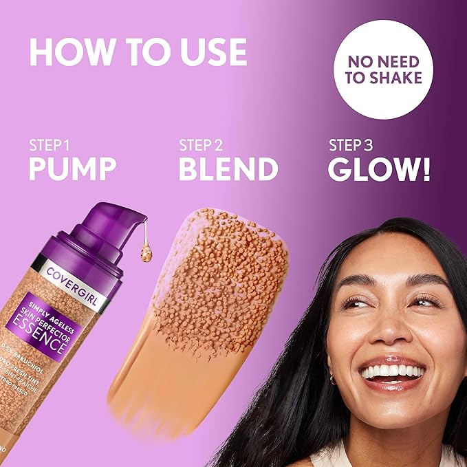 Covergirl Simply Ageless Skin Perfector Essence Foundation, 50 Medium-Tan, Tinted Skin Perfector, Skincare Makeup Hybrid, Sheer Tint, Radiant Finish, Skin-Like Finish, Vegan Formula, 1.0oz