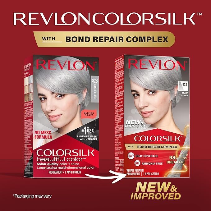Revlon ColorSilk with Bond Repair Complex, Blonde Permanent Hair Color, 100% Gray Coverage, Ammonia Free Hair Dye, Vegan Keratin, 82B Silver Blonde (Pack of 3)