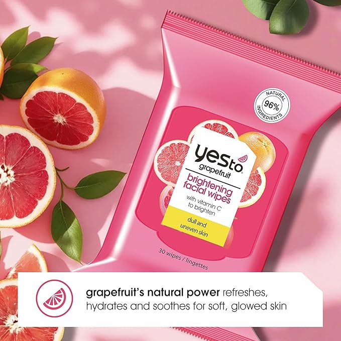 Yes To Face Wipes for Women and Men, Brightening Facial Cleansing Wipes for use as a Make Up Remover, Cleaning, Soothing, Grapefruit (Pack of 2)