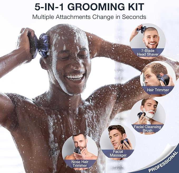 Head Shaver 7D, Wyklaus Head Shavers for Bald Men, Head Electric Razor with Nose Hair Trimmer, Waterproof Wet Dry Mens Grooming Kit