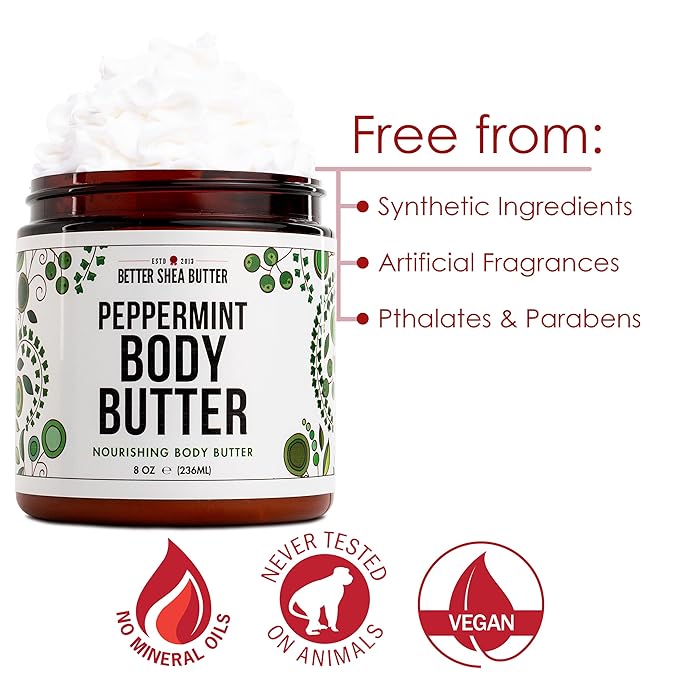 Whipped PEPPERMINT Body Butter for Dry Skin | Body Moisturizer for Women and Men | With Raw Shea Butter | Paraben Free, No Synthetic Fragrances, Non-Greasy Body Cream | 8 oz