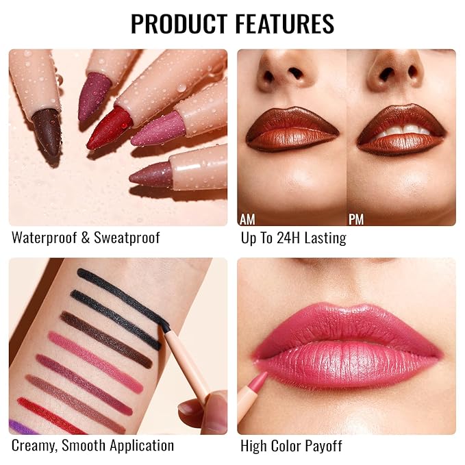 Oulac Waterproof Lipliner Pencil Set - Smooth and Creamy, Retractable Lip Makeup for Precision Application, Vegan & Cruelty-Free, 02+05+06