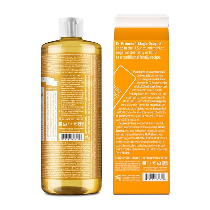 Dr. Bronner's Pure-Castile Magic Soap Liquid, Citrus, Made with Organic Oils for Body, Face, Hair, Dishes, Laundry Vegan, Natural, Non-GMO, Biodegradable, 18-in-1 Multi-Use - Citrus, 32oz + Refill