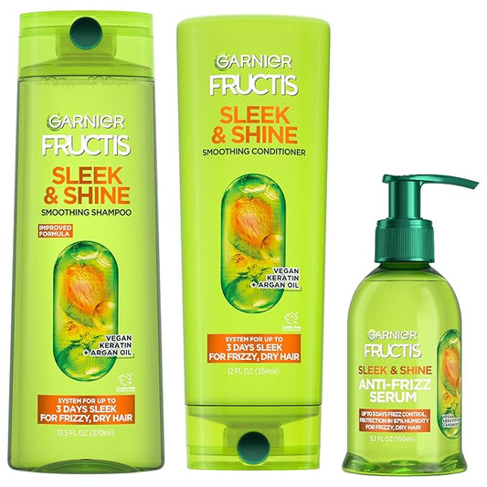 Garnier Fructis Sleek & Shine Shampoo, Conditioner + Anti-Frizz Serum Set for Frizzy, Dry Hair, Argan Oil (3 Items), 1 Kit (Packaging May Vary)
