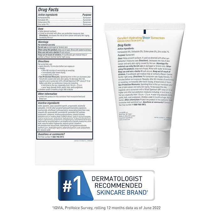 CeraVe Hydrating Sheer Sunscreen SPF 30 for Face and Body | Mineral & Chemical Sunscreen with Zinc Oxide, Hyaluronic Acid, Niacinamides and Ceramides| Paraben Free Fragrance Free | 3 Ounces