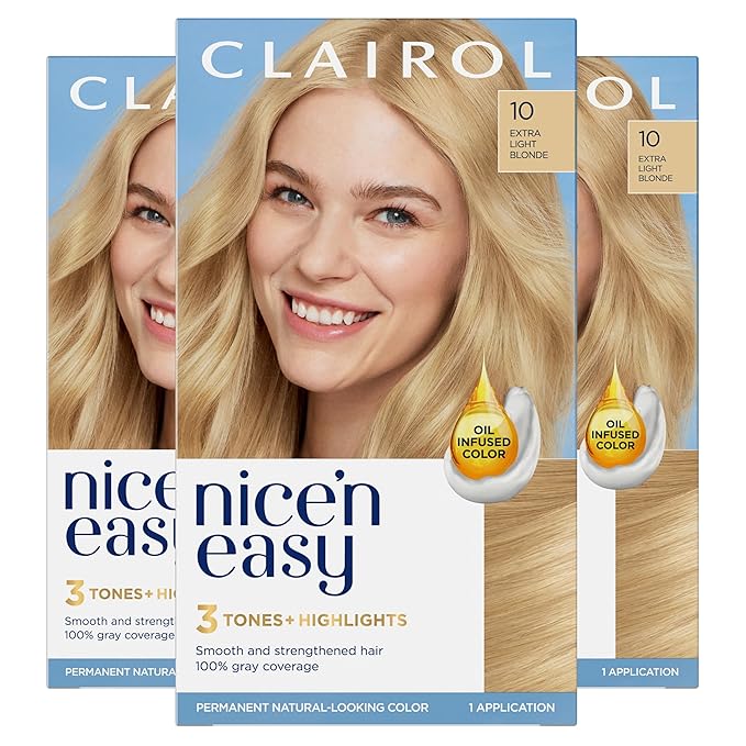 Clairol Nice'n Easy Permanent Hair Dye, 10 Extra Light Blonde Hair Color, Pack of 3