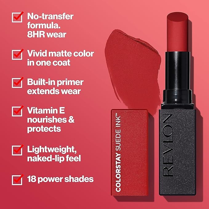 REVLON Lipstick, ColorStay Suede Ink, Built-in Primer, Infused with Vitamin E, Waterproof, Smudge-proof, Matte Color, 018 First Class, 0.09 oz.