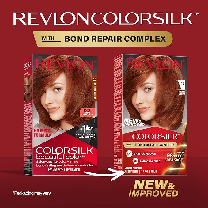 Revlon ColorSilk with Bond Repair Complex, Auburn Permanent Hair Color, 100% Gray Coverage, Ammonia Free Hair Dye, Vegan Keratin, 42 Medium Auburn (Pack of 3)