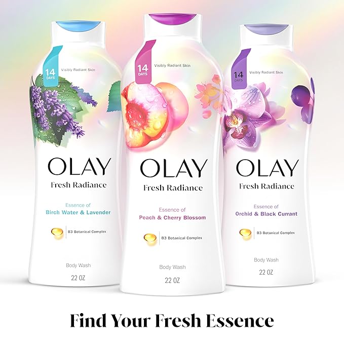Olay Body Wash for Women, Fresh Radiance, Refreshing & Renewing, Made with Plant Based Cleansers, B3 Botanical Complex, For All Skin Types, Peach & Cherry Blossom Scent, 22 fl oz (Pack of 4)