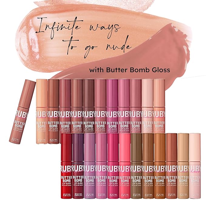 Ruby Kisses Lip Gloss Butter Bomb Gloss Non-Sticky Lip Gloss Vitamin E Natural Nude Lip Makeup -7.8mL (0.26 US fl.oz) (Nude)