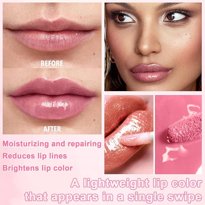 6 PCS Hydrating Lip Oil, Big Brush Head Lip Glaze Shiny Transparent Lip Glow Oil, Nourishing & Non-sticky Long Lasting Fresh Clear Smooth Lip Care Plumping Lip Oil (SET B)