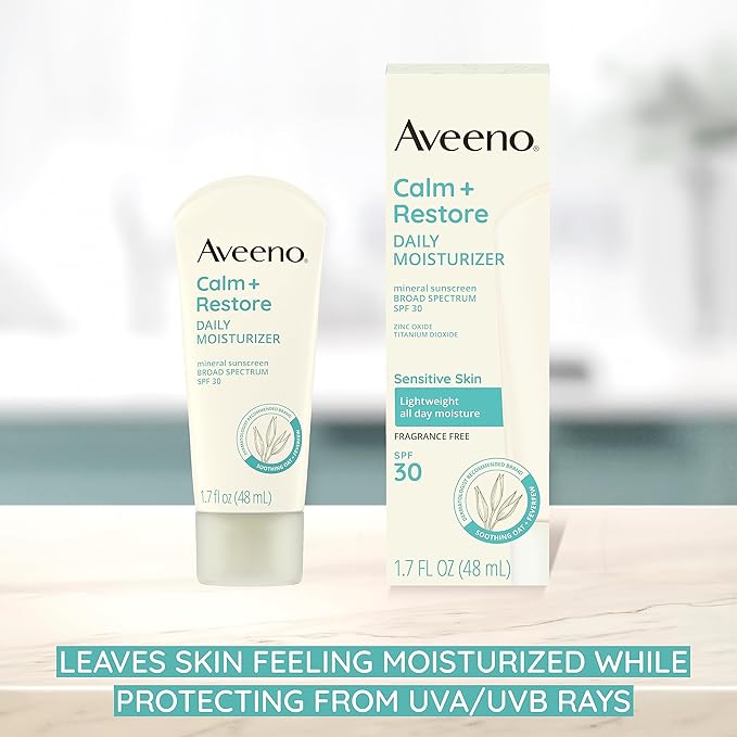 Aveeno Calm + Restore Daily Moisturizer Mineral Sunscreen with Broad Spectrum SPF 30, Lightweight All Day Moisture + UVA/UVB Sun Protection for Sensitive Skin, Fragrance Free, 1.7 fl. Oz