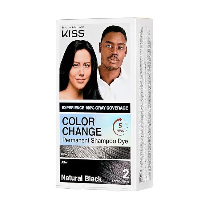 KISS Color Change Permanent Shampoo Dye, 100% Gray Coverage, Natural Plant & Herbal Extracts, All Hair Types, Moustache & Beard, 3-7 Minute Application, 4 Pre-Measured Pouches - Natural Black