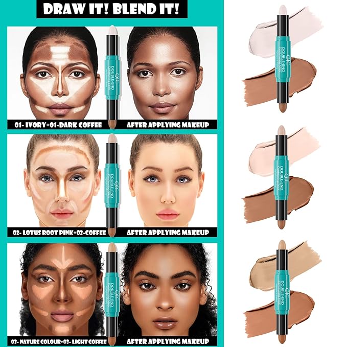 MEICOLY 2-in-1 Highlighter Contour Stick,Cool Toned Contour Stick,Makeup Shaping Stick,02