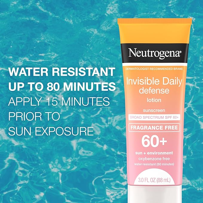 Neutrogena Invisible Daily Defense Fragrance-Free Sunscreen Lotion, Broad Spectrum SPF 60+, Oxybenzone-Free & Water-Resistant, Sun & Environmental Aggressor Protection, 3.0 fl. oz