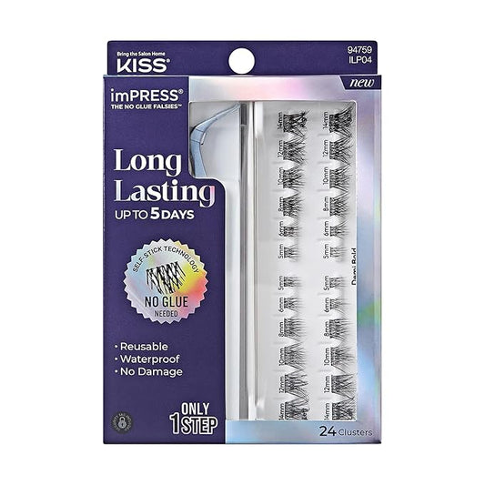 KISS imPRESS Falsies Long Lasting Self Adhesive Eyelashes, ‘Demi Bold’, 5 Day Extended Wear, 24 Medium Volume Lash Clusters (5,6,8,10,12, & 14mm), Precision Non-Stick Applicator
