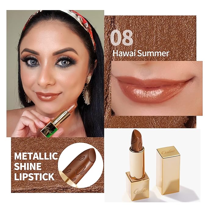 Oulac Dark Brown Lipstick for Women with Metallic 3D Shine Lightweight Hydrating Formula, High Impact Lip Color, Vegan Beauty, Full Coverage Lip Makeup, Christmas Gifts for Women, Hawaii Summer(08)