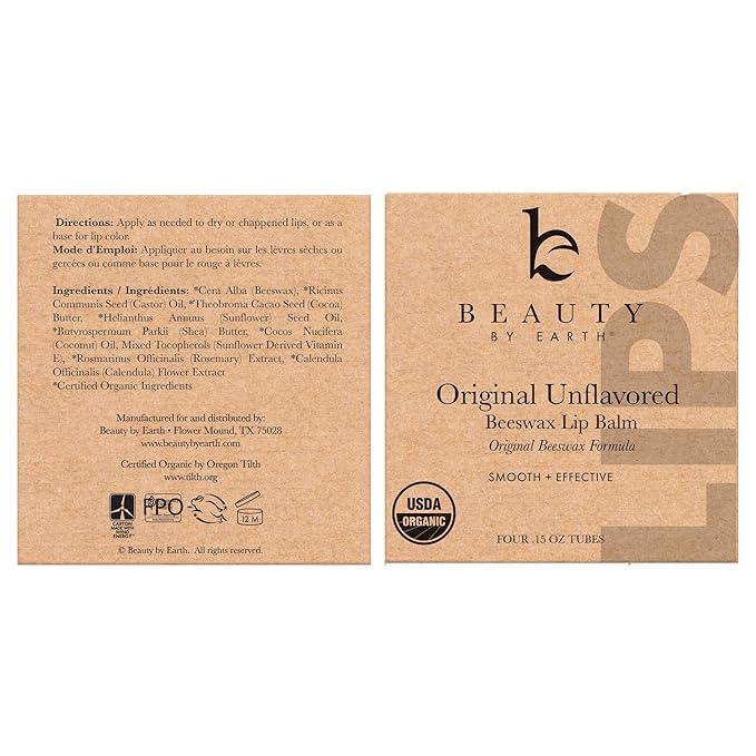 Organic Lip Balm - 4 Pack Unflavored Organic Gift Ideas