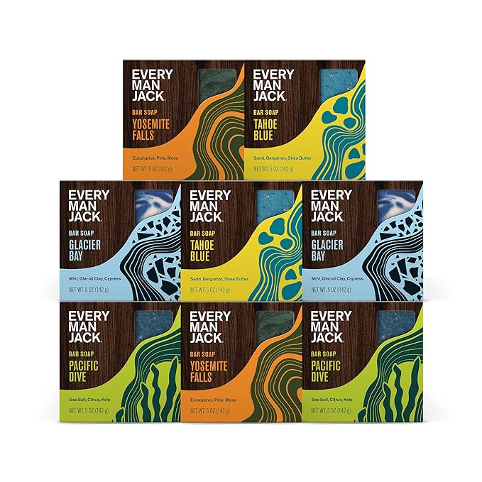 Every Man Jack Cold Plunge Mens Bar Soap Set - Deeply Cleans, Hydrates with Naturally Derived Ingredients - Iconic Cold Water Scents - Pacific Dive, Glacier Bay, Tahoe Blue, Yosemite Falls, 8 Bar Set