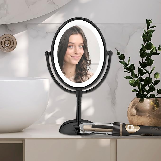 Conair Limited Edition Bundle | INFINITIPRO by CONAIR Curl Secret Automatic Curling Iron in 3/4-inch Barrel - and - Conair Lighted Makeup Mirror | Black | Amazon Exclusive