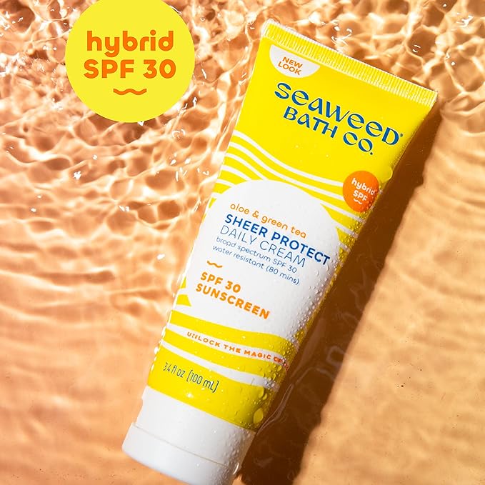 Seaweed Bath Co. Sheer Protect Daily SPF 30 Broad Spectrum Hybrid Sunscreen Cream, 3.4 Ounce, Sustainably Harvested Seaweed, Aloe, Green Tea