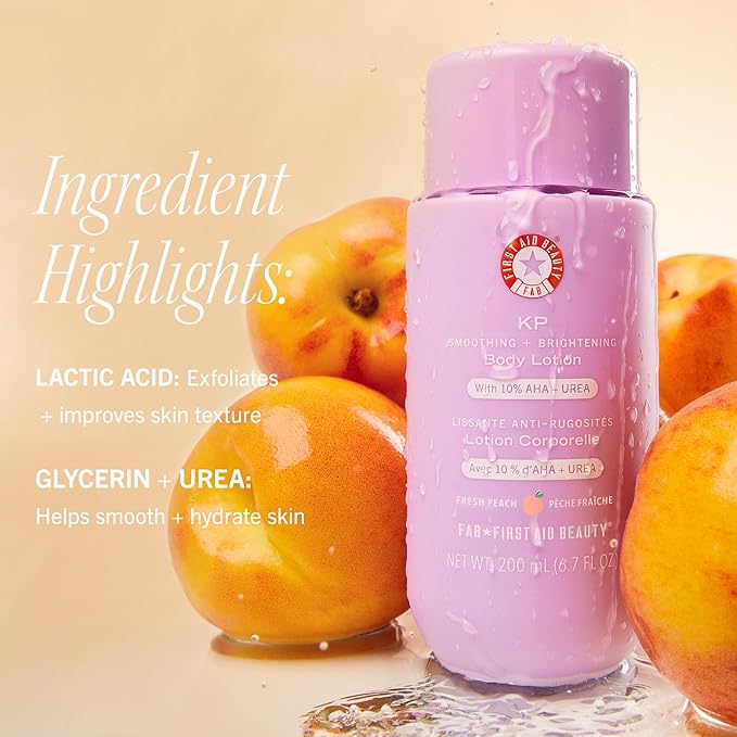 First Aid Beauty - KP Smoothing + Brightening Body Lotion with 10% AHA, Lactic Acid, Urea + Colloidal Oatmeal, Exfoliate + Moisturize, Banish Keratosis Pilaris Bumps, NEW Peach Scent (6. 7 fl oz)