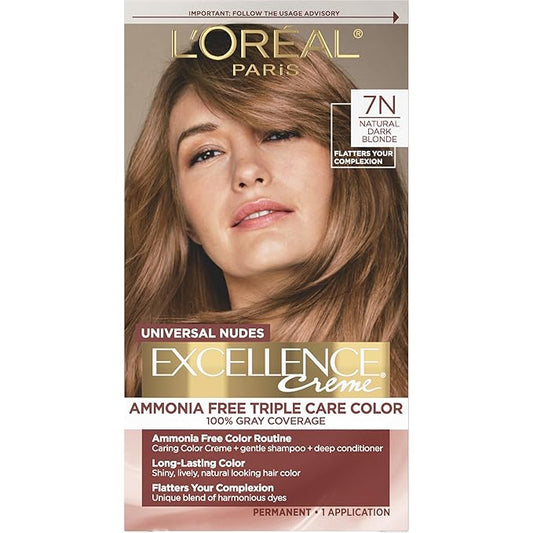 L’Oreal Paris Excellence Universal Nudes Permanent Hair Color, Ammonia Free Hair Dye for Gray Hair Coverage, 7N Natural Dark Blonde, 1 Hair Dye Kit