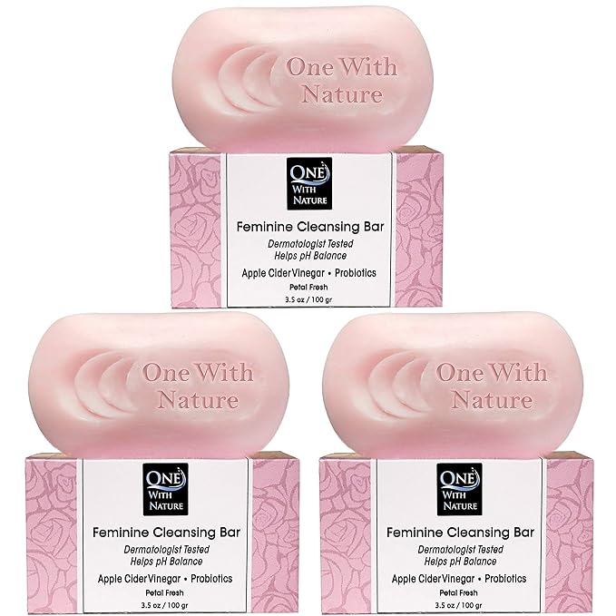 One With Nature Feminine Cleansing Bar, Petal Fresh, Probiotics, Apple Cider Vinegar, Omega Fatty Acids, Oatmeal, Pure, Gentle Cleansing Bar for Sensitive Skin, Face, Body, 3.5 Oz (Pack of 3)