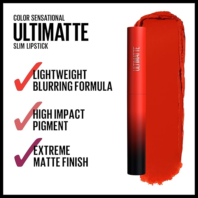Maybelline Color Sensational Ultimatte Matte Lipstick, Non-Drying, Intense Color Pigment, More Scarlet, Scarlet Red, 1 Count
