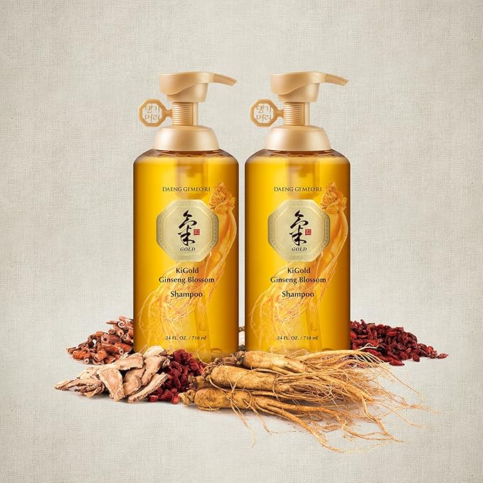 Daeng Gi Meo Ri- Ki Gold Ginseng Blossom 2 Shampoo Set, Real Ginseng Inside, Herbal Shampoo, Hair Growth, Preventing Hair Loss, 24.01 fl oz each