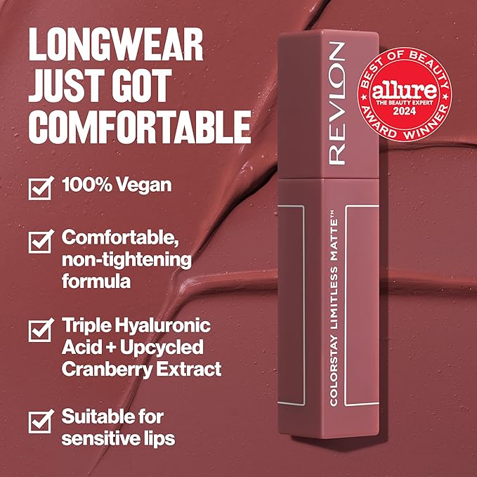 Revlon ColorStay Limitless Matte Liquid Lipstick, Vegan Formula, No-Budge, Longwear Lip Color, Long Lasting, Lightweight/Comfortable, Waterproof, 008 Stir Me Up, 0.17 fl oz