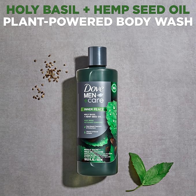 Dove Men+Care Body Wash Holy Basil + Hemp Seed Oil 4 Count to Rebuild Skin in the Shower with Plant-Based Cleansers and Moisturizers 18 oz