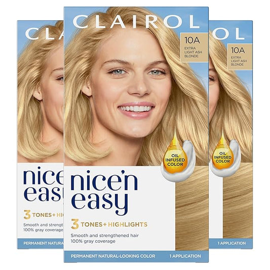 Clairol Nice'n Easy Permanent Hair Dye, 10A Extra Light Cool Blonde Hair Color, Pack of 3 - Packaging May Vary