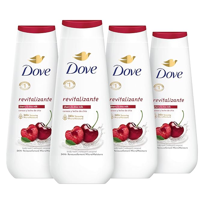 Dove Body Wash Revitalizante Cherry & Chia Milk 4 Count for Renewed, Healthy-Looking Skin Gentle Skin Cleanser with 24hr Renewing MicroMoisture 20 oz