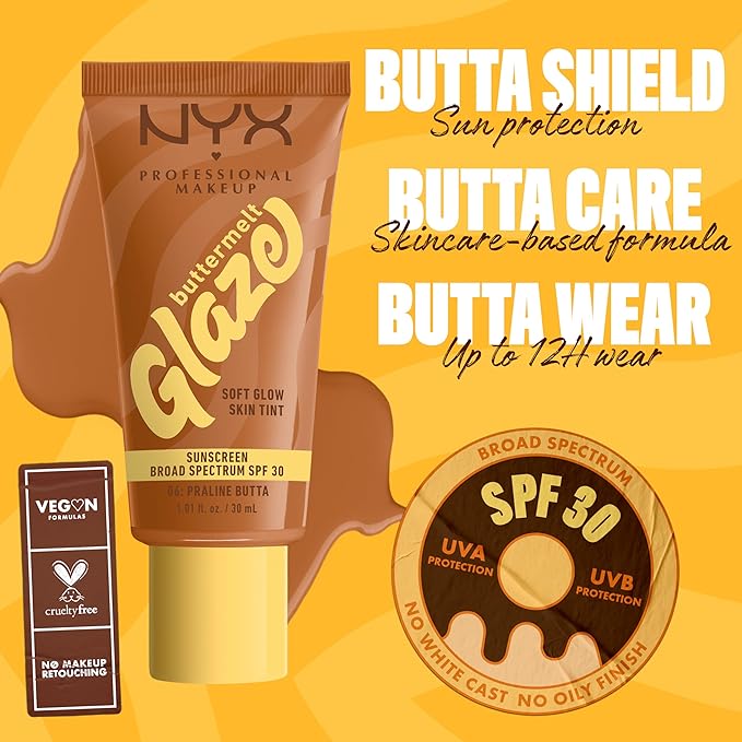 NYX PROFESSIONAL MAKEUP Buttermelt Glaze Soft Glow Skin Tint + SPF 30, Up To 12HR Wear, 06 Praline Butta
